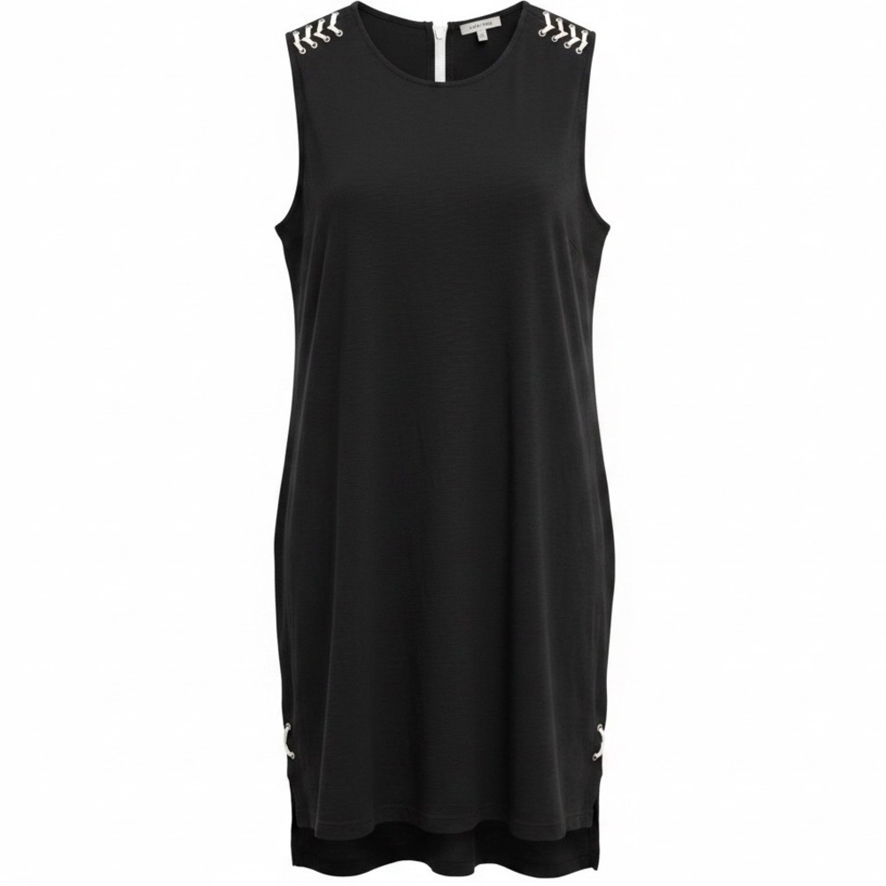 Lisa Todd Shift Dress L Black Lace Up Slub Knit Hi-Lo Casual Minimalist Chic